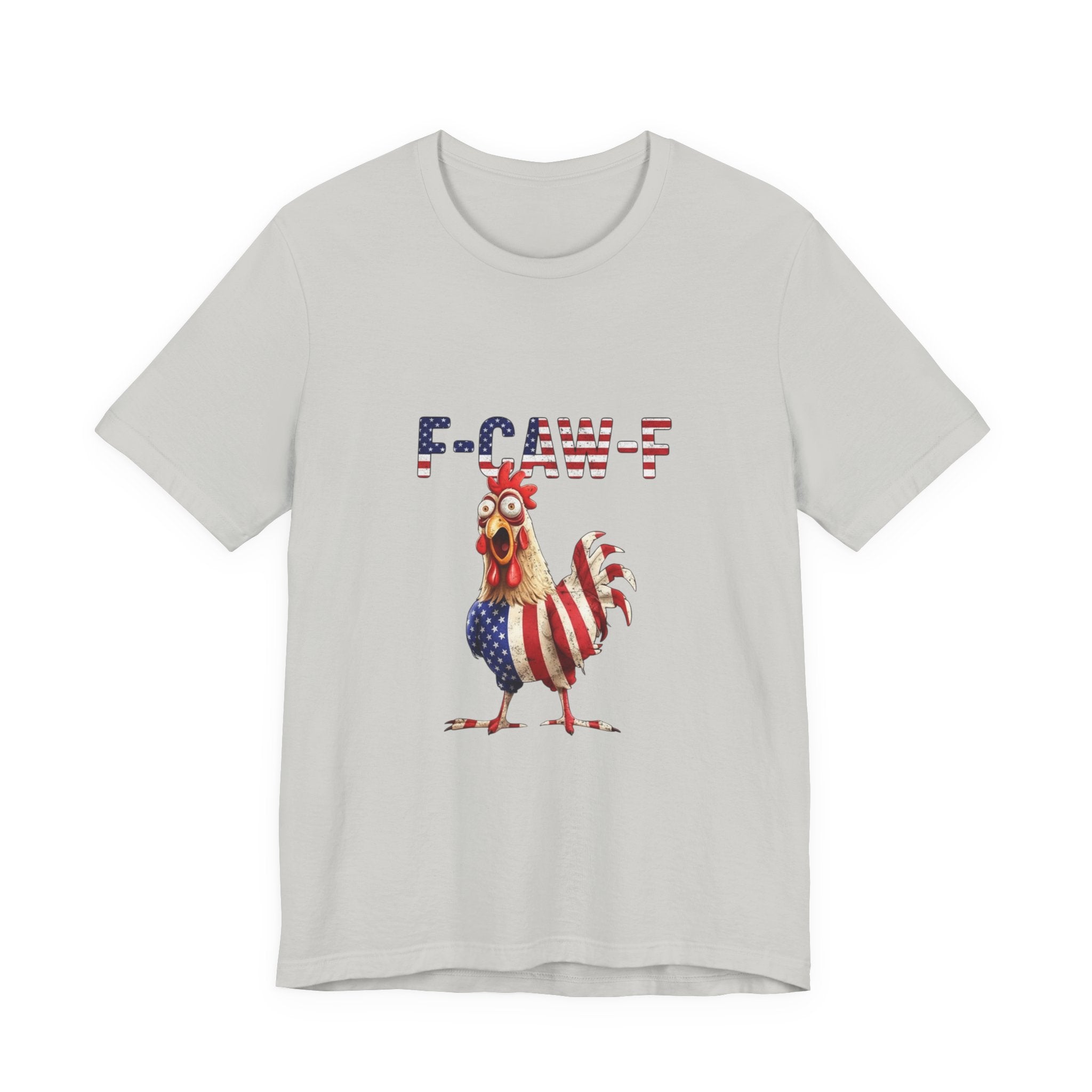 Patriotic Rooster Tee – "E-CAW-F" American Flag Chicken Shirt