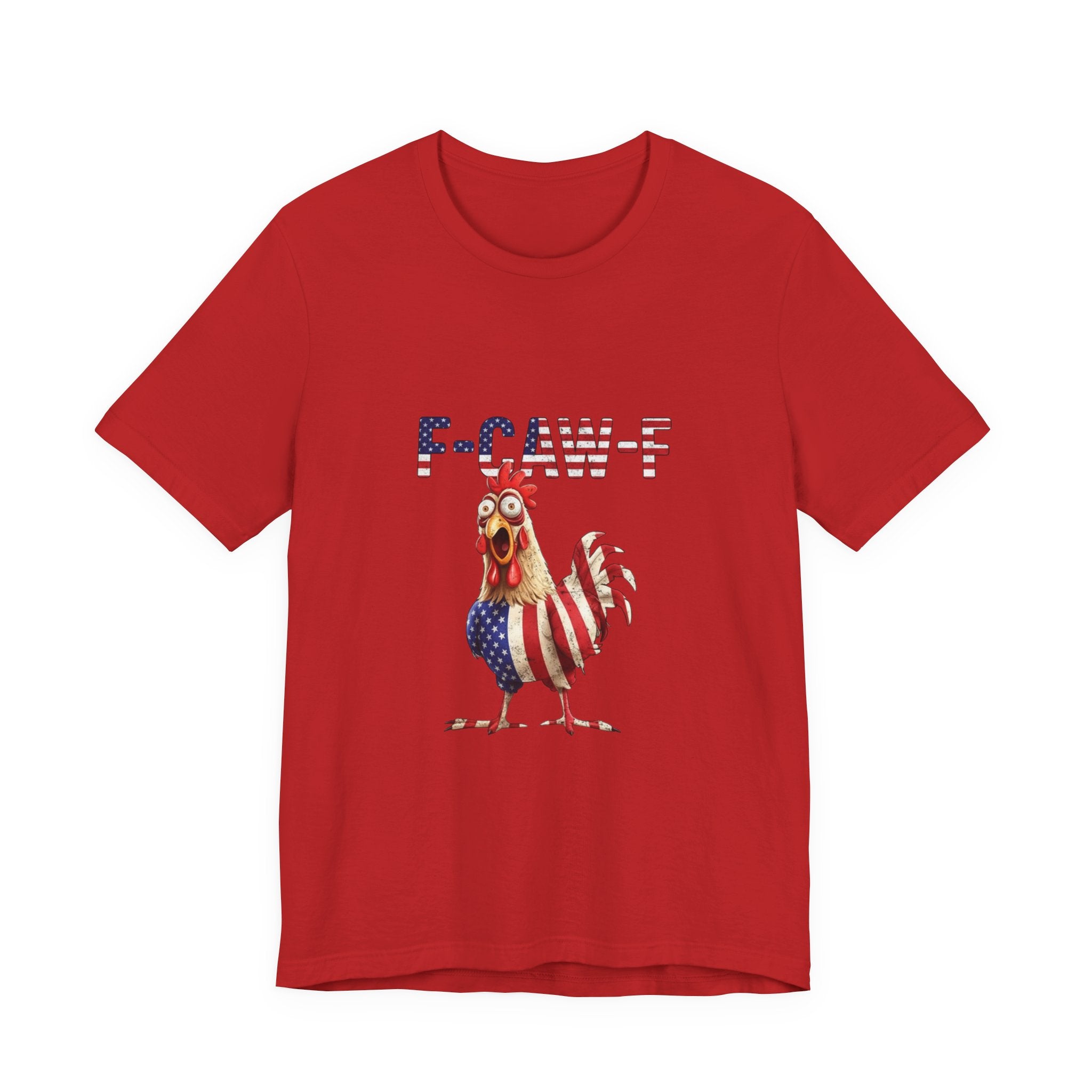 Patriotic Rooster Tee – "E-CAW-F" American Flag Chicken Shirt