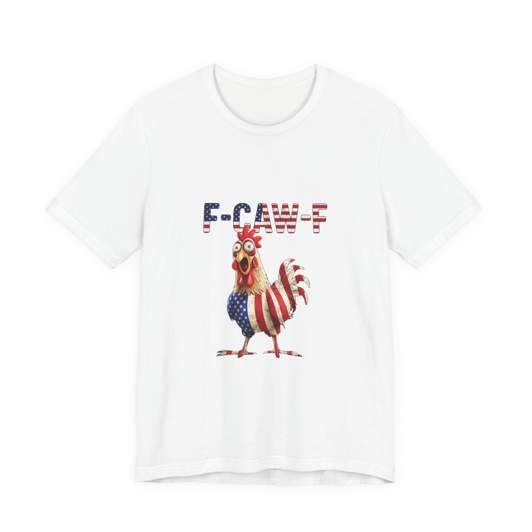 Patriotic Rooster Tee – "E-CAW-F" American Flag Chicken Shirt